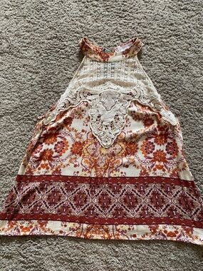 Boho Floral Crochet Halter Tank Top - Cream & Rust